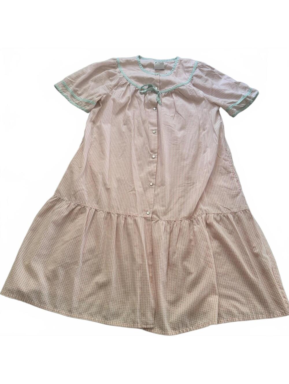 Madison’s Best Gingham Nightgown Medium Pink Green Trim Snap House Dress Midi